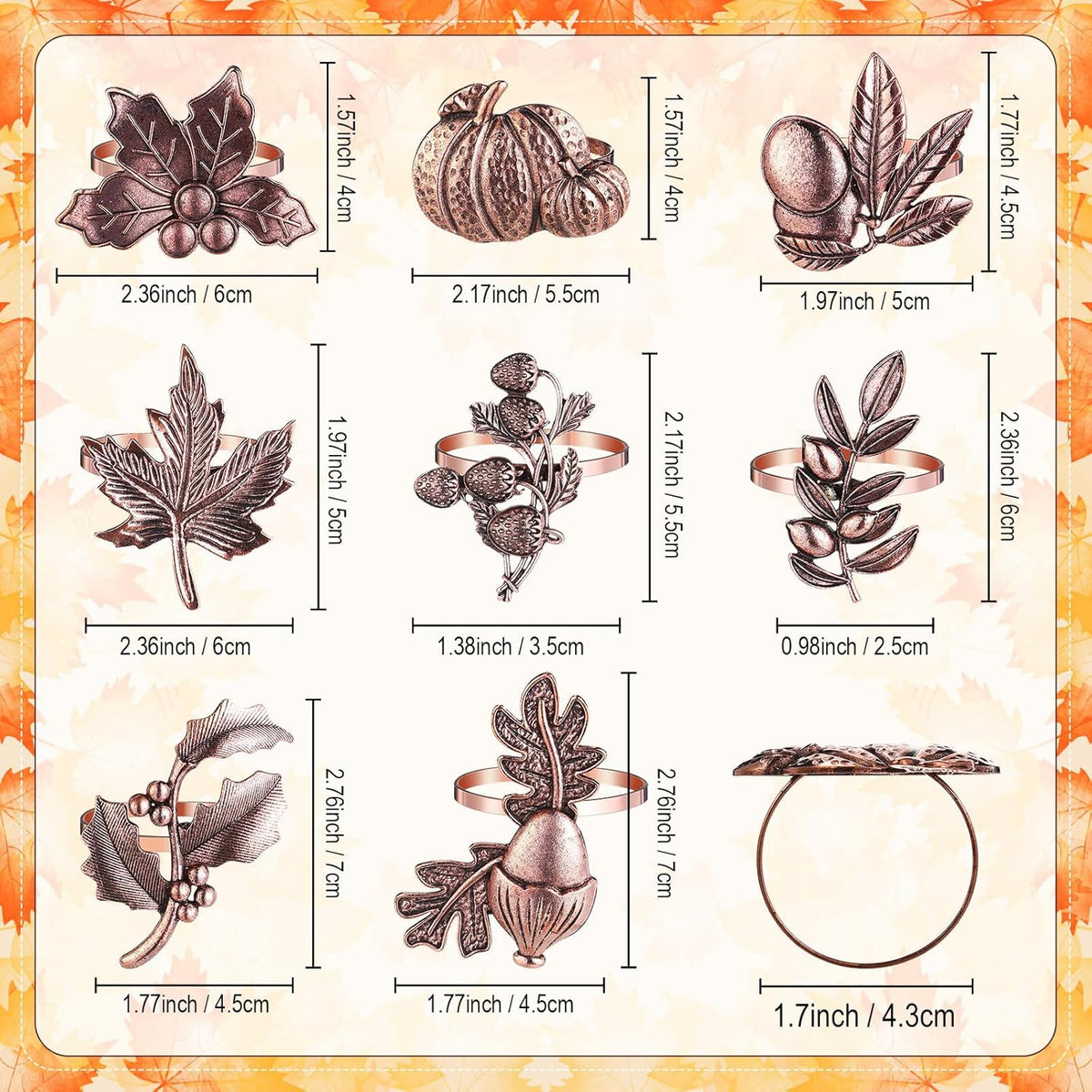 Remerry 8 Pcs Thanksgiving Napkin Ring Harvest Fall Leaf Pumpkin Holders Retro Alloy Metal Napkin