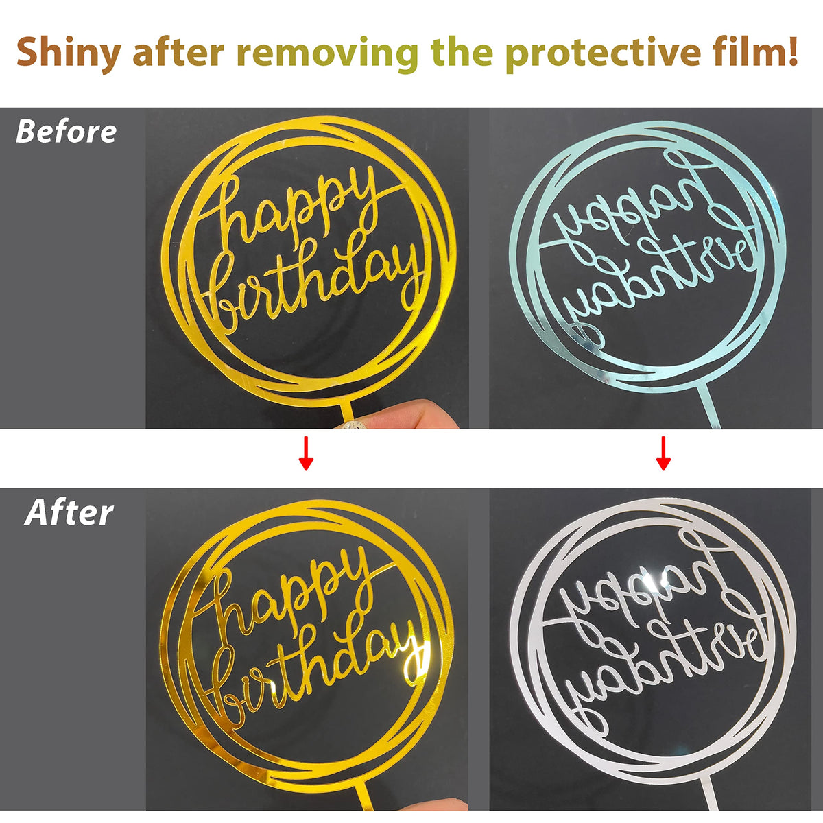 6-Pack Gold Cake Topper Set, Double-Sided Glitter, Acrylic Happy Birthday Cupcake Toppers, Birthday