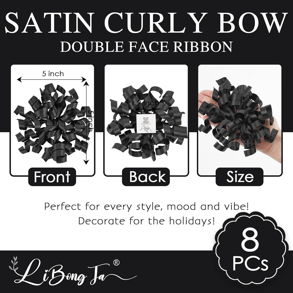 5 Inch Black Bows Curly Ribbon Bows for Gift Wrapping, Satin Bows with Double-Sided Tape, Self