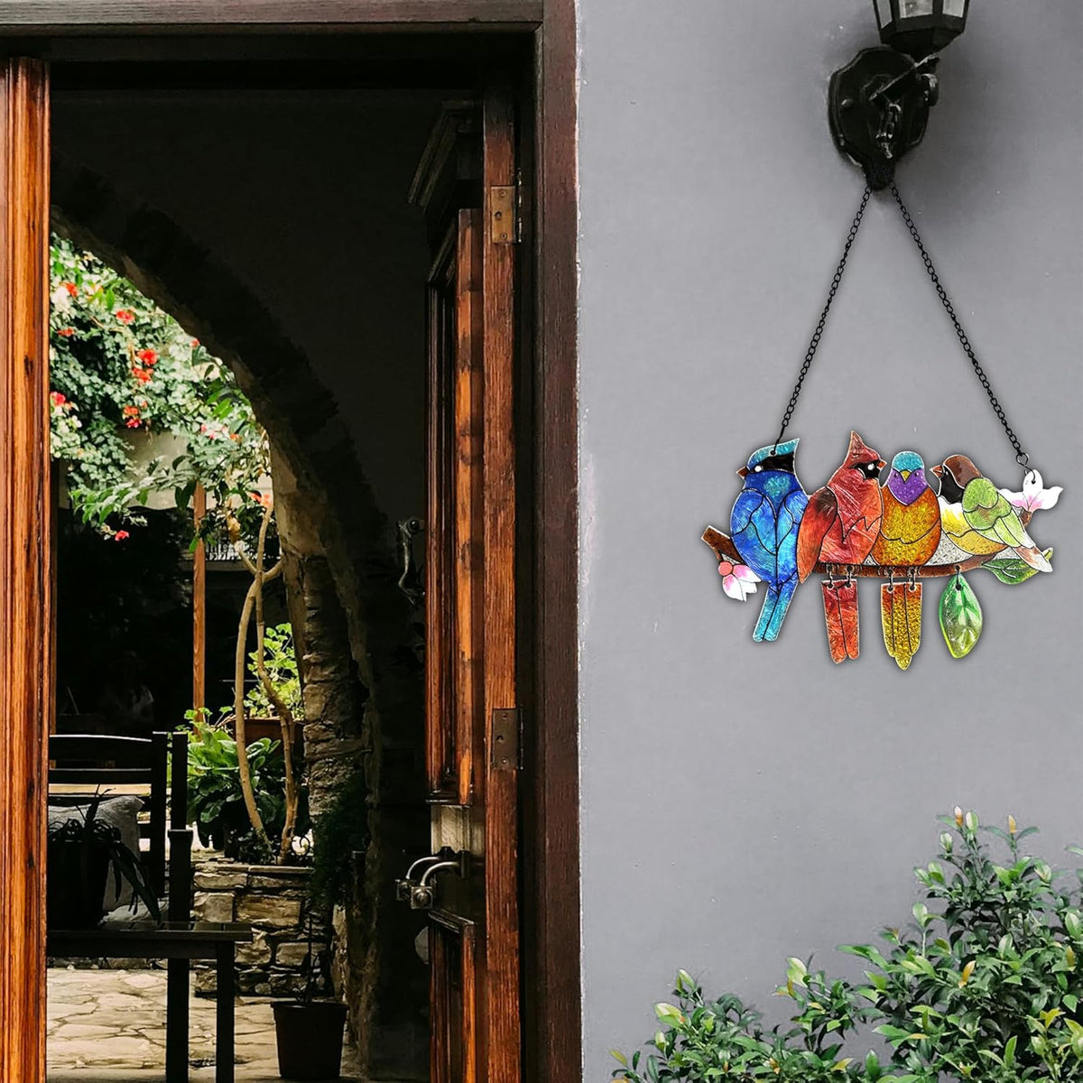 Stained Glass Window Hanging - Hummingbird on Branch Suncatcher Hand-Painted Double Side Stain
