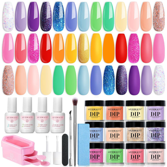 AZUREBEAUTY 31 Pcs Dip Powder Nail Kit Starter, Spring Summer 20 Colors Glitter Neon Pink Blue