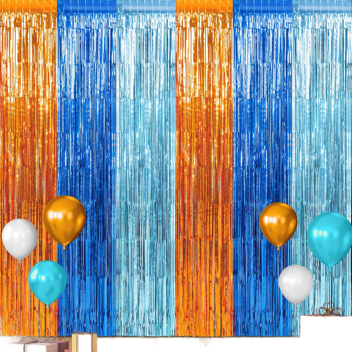 3 Pack 3.3X6.6Ft Blue Dog Foil Fringe Curtains Backdrop Decorations, Orange and Light Blue Birthday
