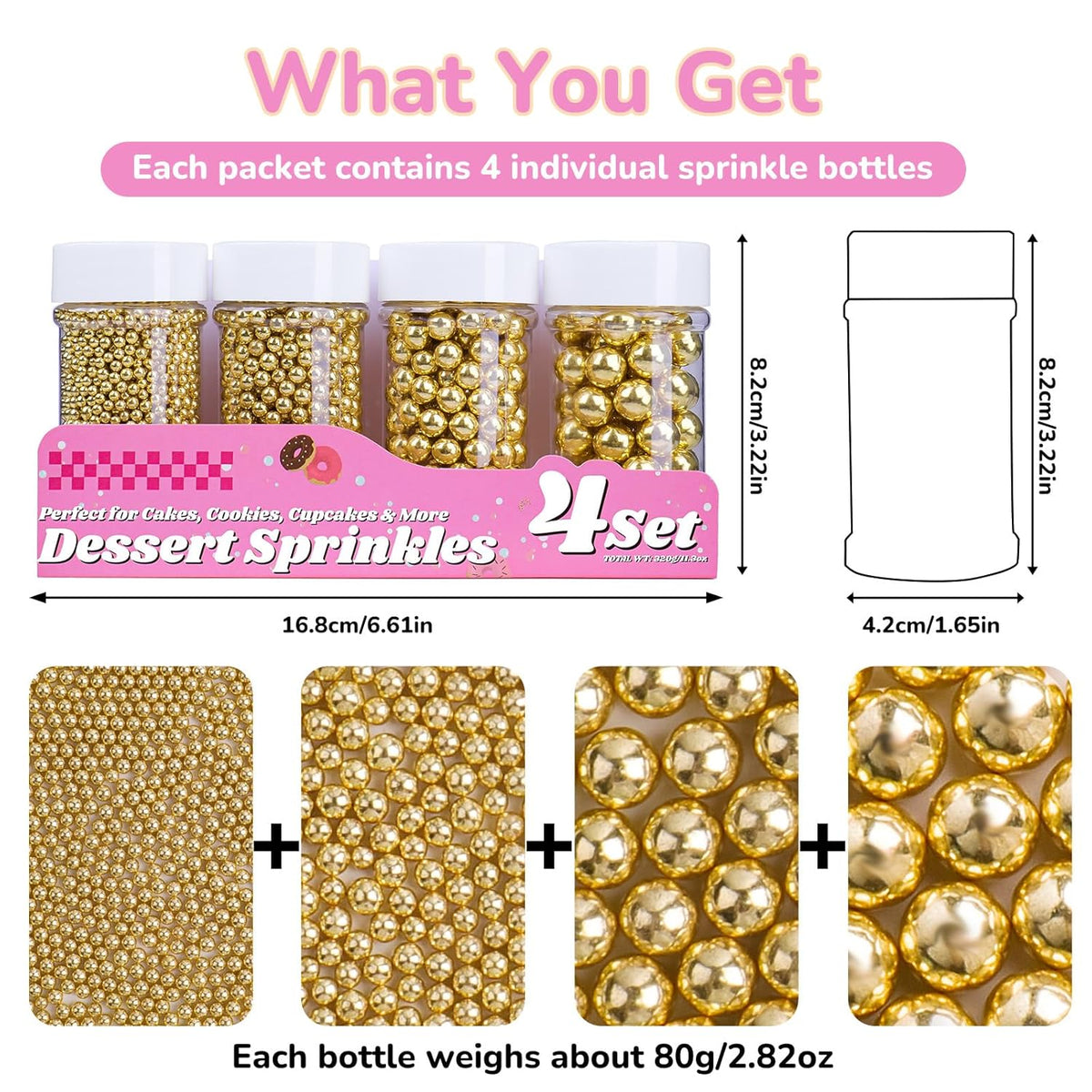 Gold Pearl Sprinkles for Cake Decorating, 11.3 Oz Edible Pearls Sugar 4 Sizes Gift Box Set for