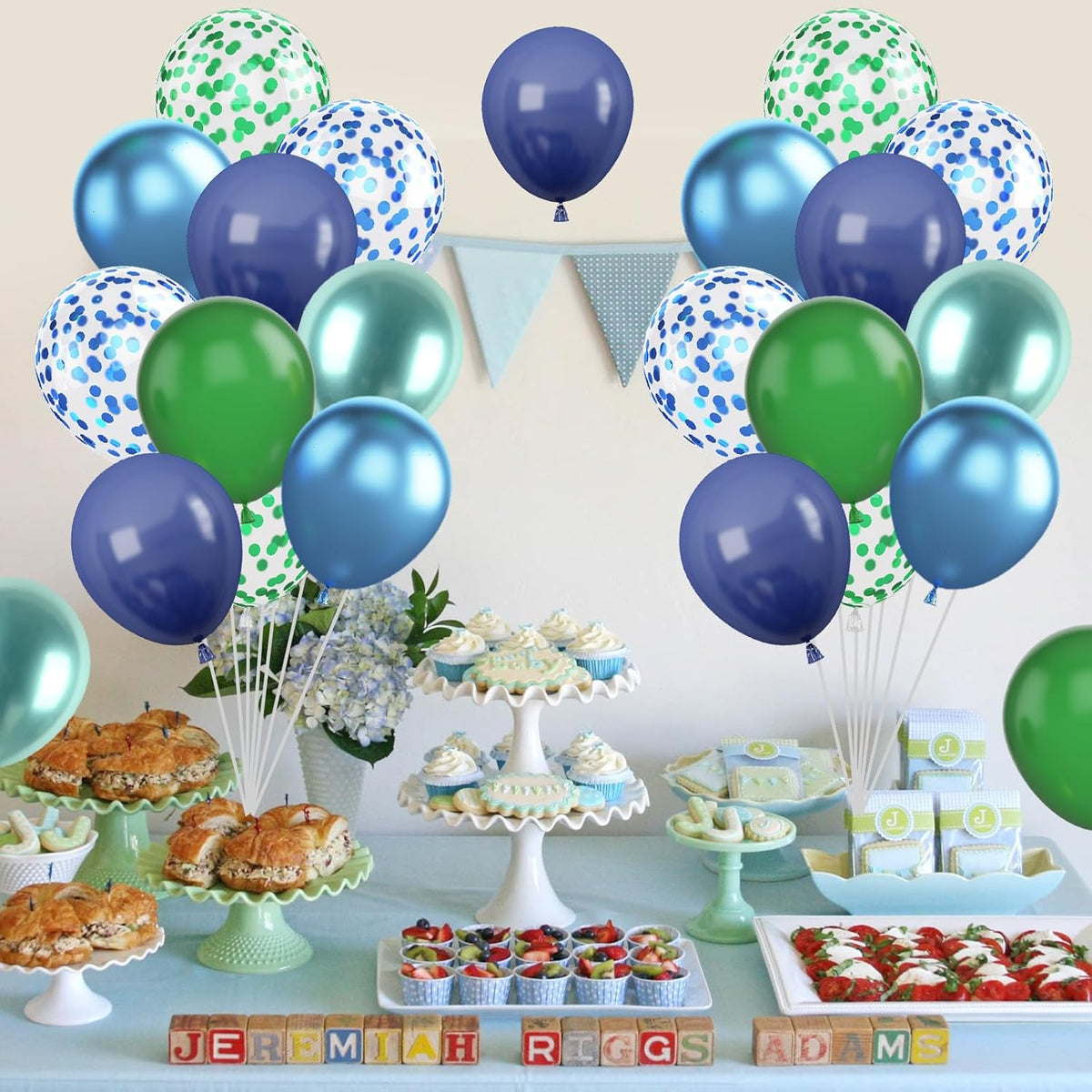 Blue and Green Balloon Set, 12 Inch Navy Blue Dark Green Balloons Metallic Chrome Ballons, Confetti