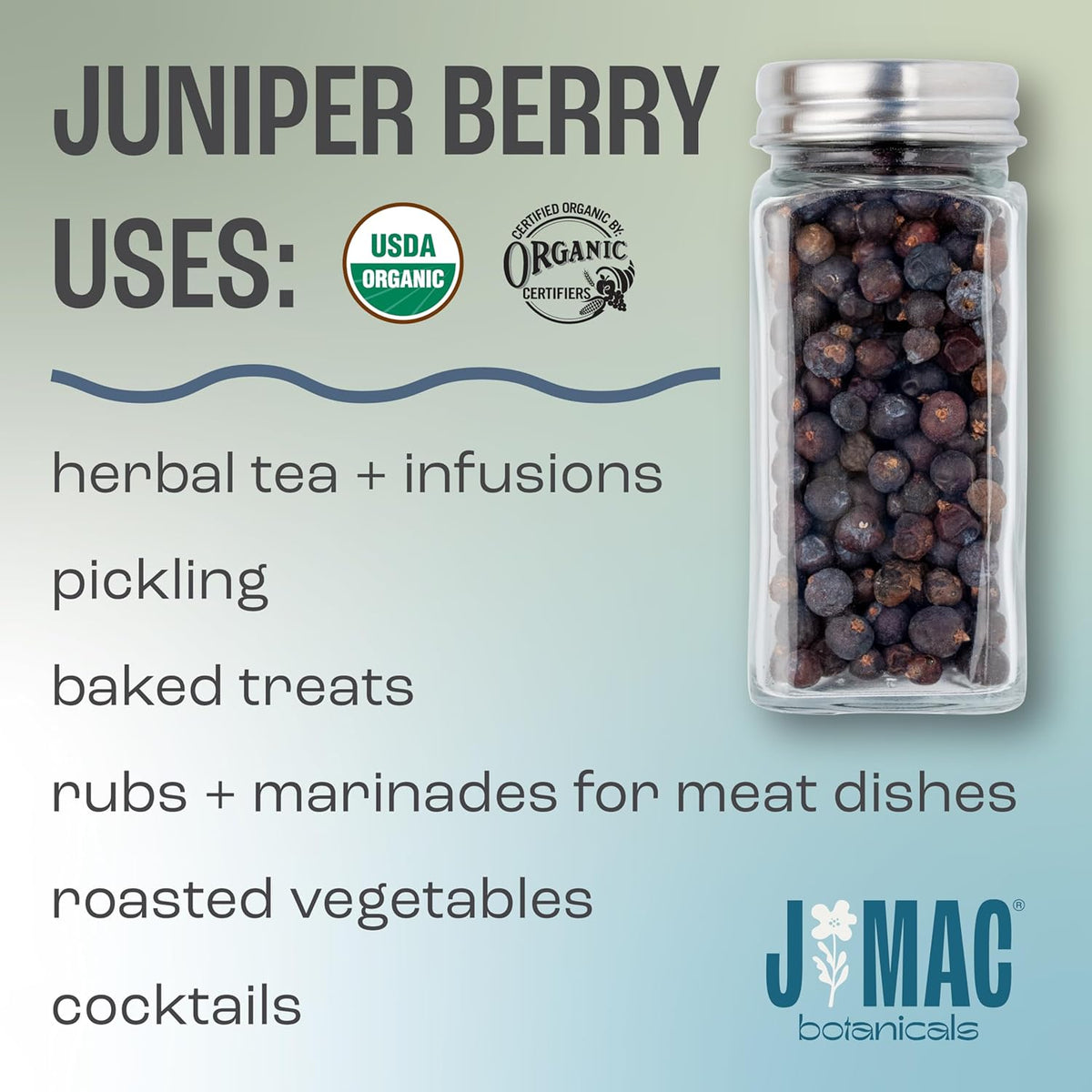 J MAC BOTANICALS, Organic Whole Juniper Berries, Certified Organic, juniper for herbal infusions