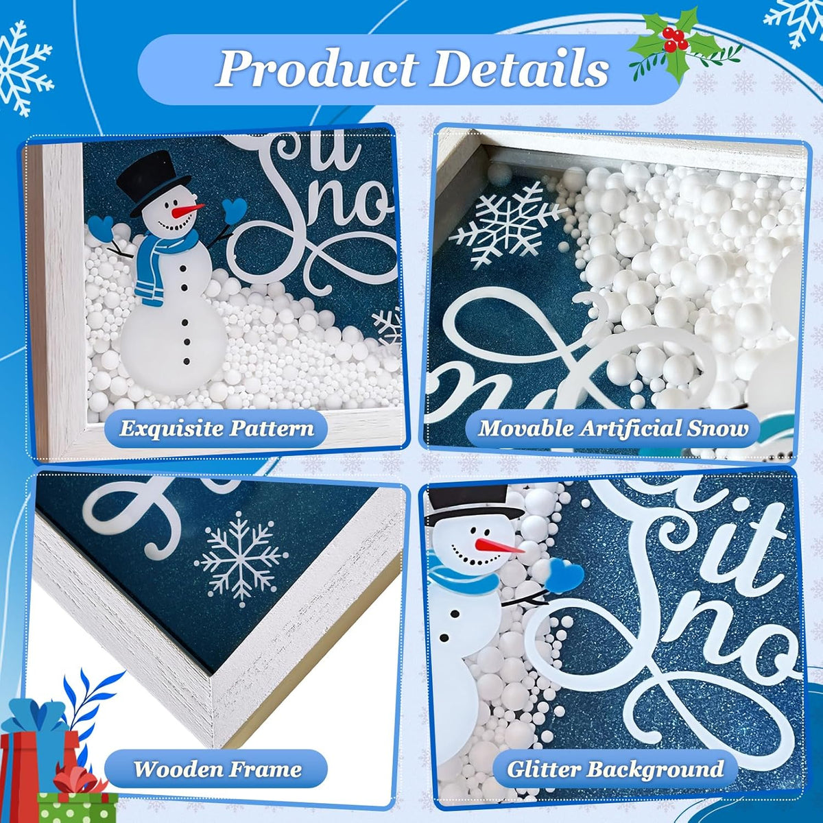 Christmas Wooden Tabletop Sign Blue Snowman with Snowflake Block Sign Xmas Table Centerpiece for