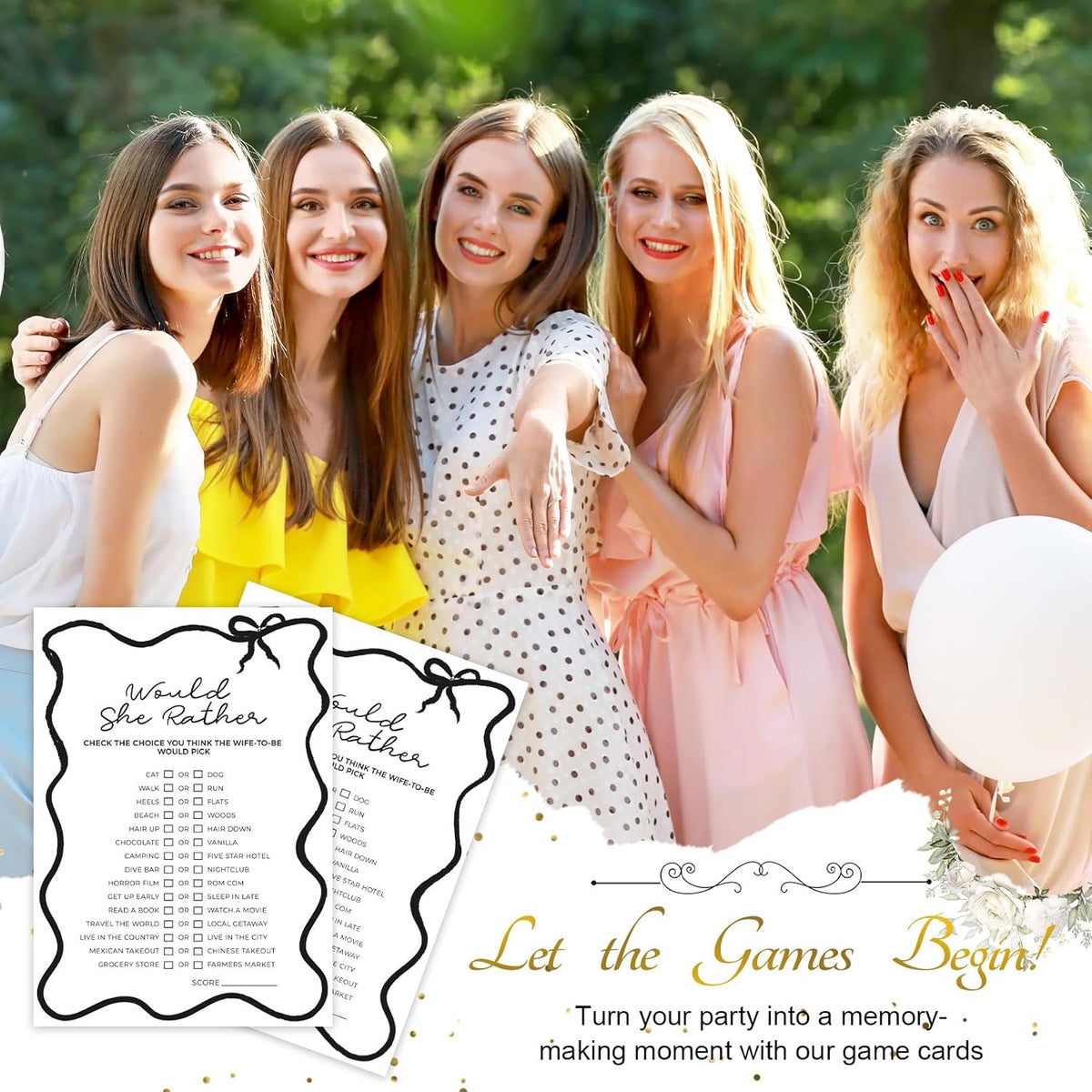 DEEKA 30 PCS Bridal Shower Games Card for 30 Guests Black Wavy Border Ribbon Bow Funny Wedding