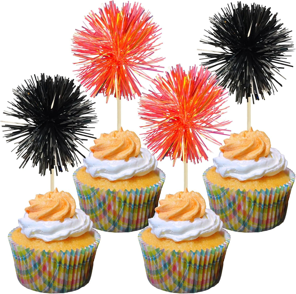 Gyufise 30Pcs Foil Firework Cupcake Toppers Sparkle Tinsel Cake Toppers Tinsel Drink Cake