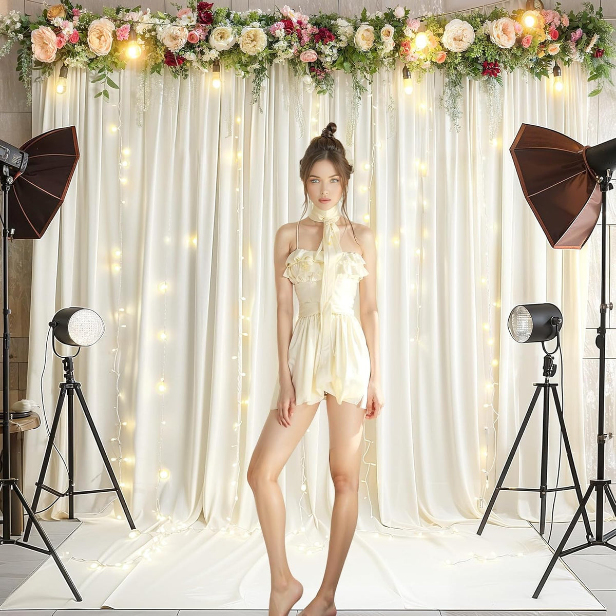 Ivory Backdrop Curtains with Lights for Baby Shower,10x10FT Wrinkle Free Ivory Drapes Photo