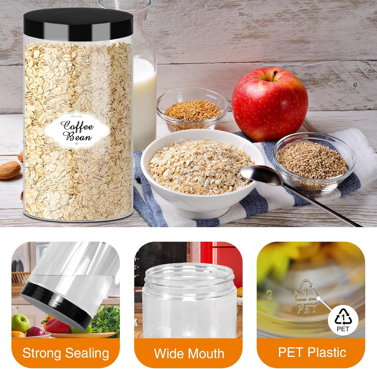Plastic Jars with Lids, 16 Pcs 32 OZ Large Plastic Storage Jars with Black Leakproof Lids Cylinder