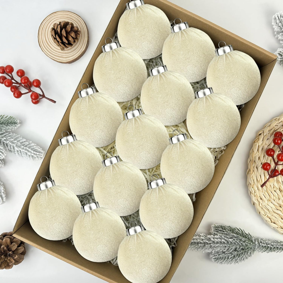 Beige Velvet Christmas Ball Ornaments for Tree 15 PCS, Large Neutral Flocked Christmas Bulbs
