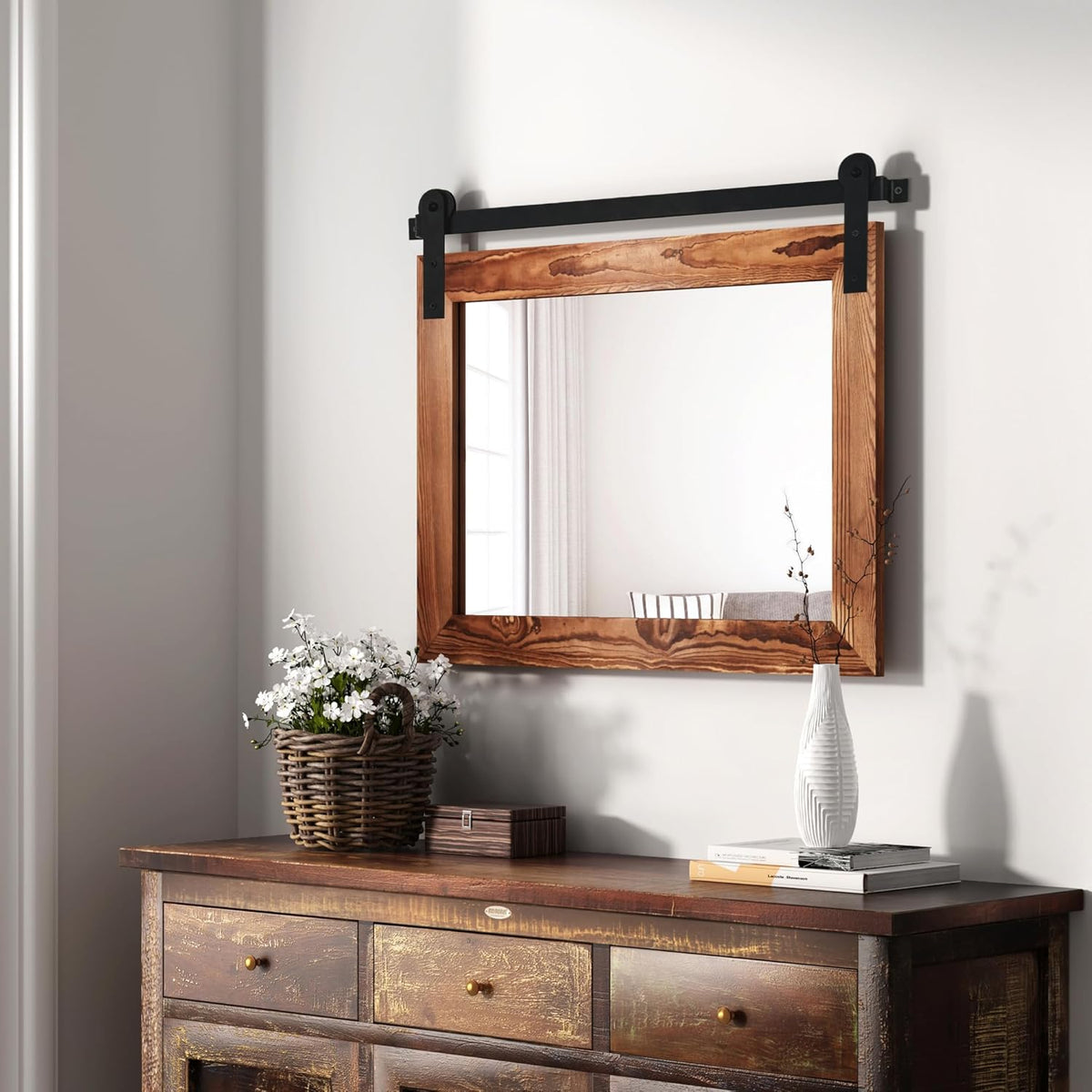 COGOOD Farmhouse Barn Door Mirror - 25 X 18 Rustic Wood Framed Decrative Mirror for Bathroom