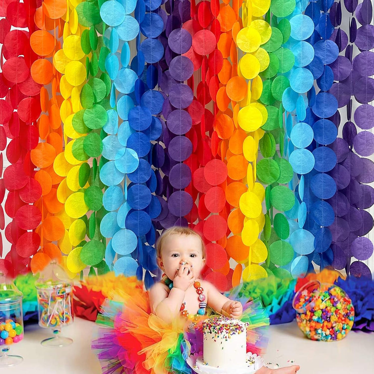 205Ft Rainbow Party Decorations Big Polka Dots Tissue Paper Backdrop Streamer Colorful Circle Dots