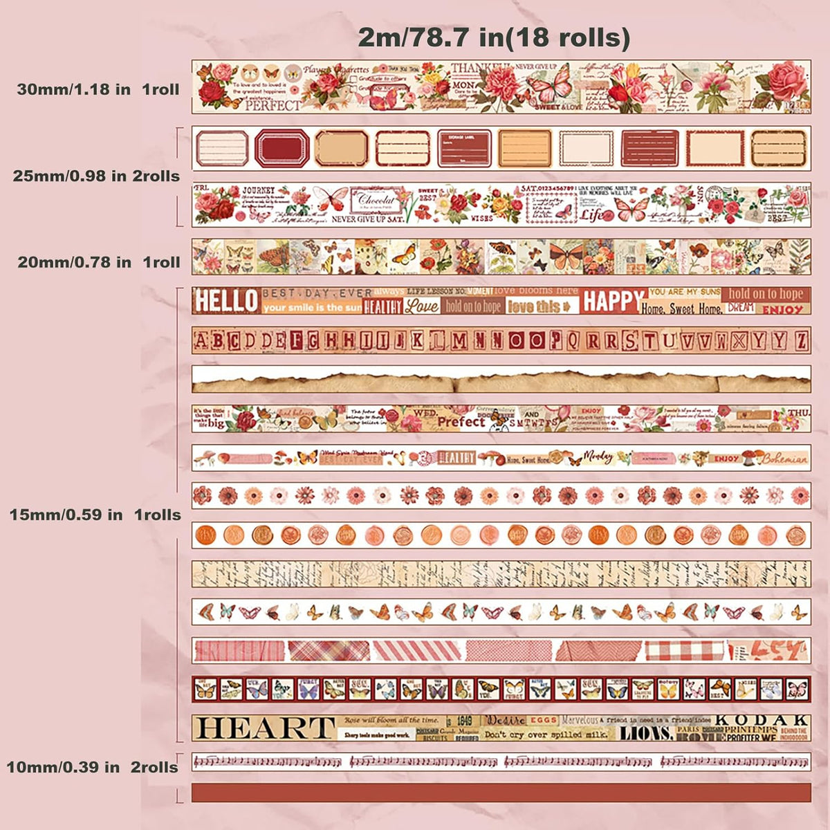 18 Rolls Washi Tape Set for Crafts and Journaling DIY Vintage Floral Tape Scrapbooking Supplies