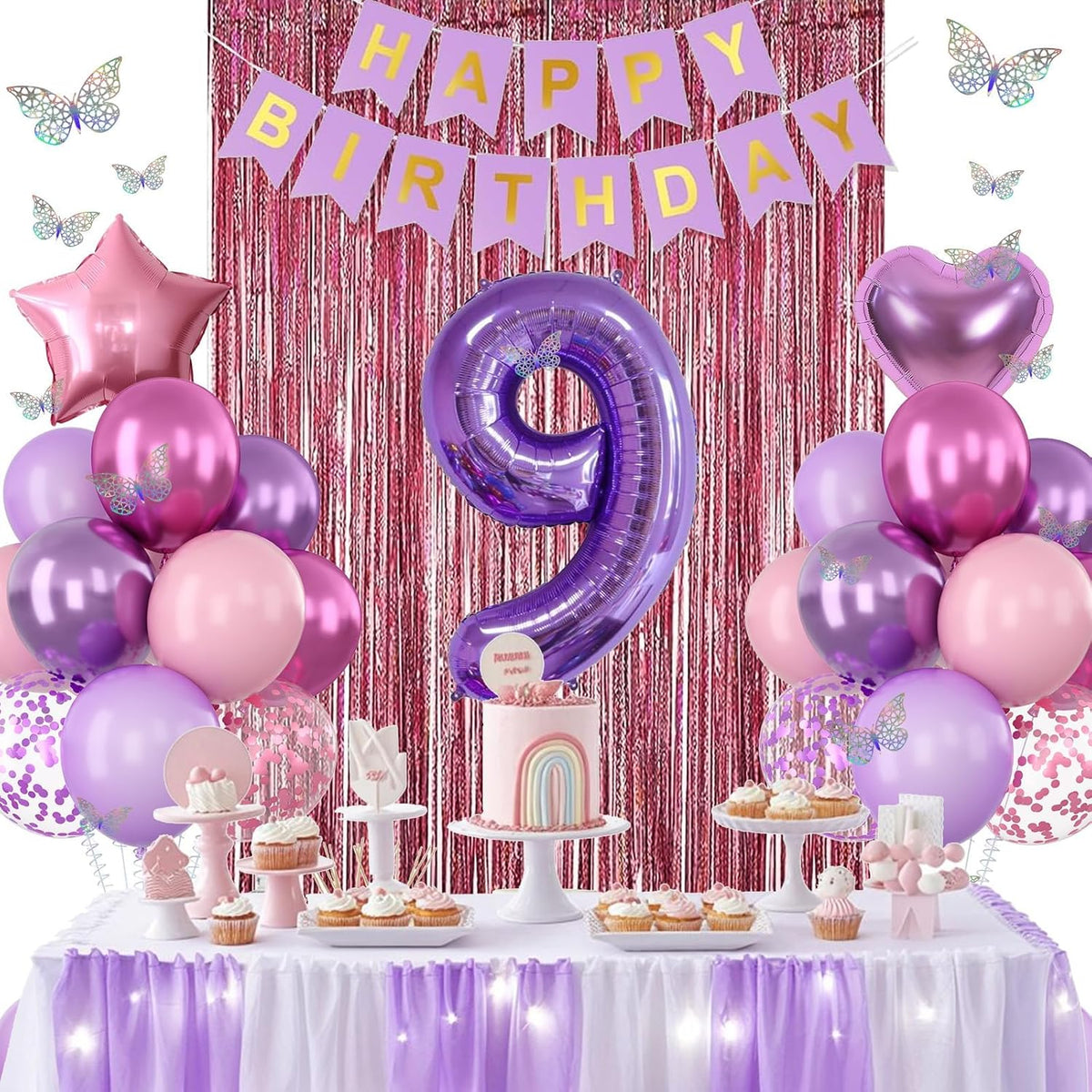 Pink Purple 9th Birthday Party Decorations for Girls Number 9 Balloon Happy Birthday Banner