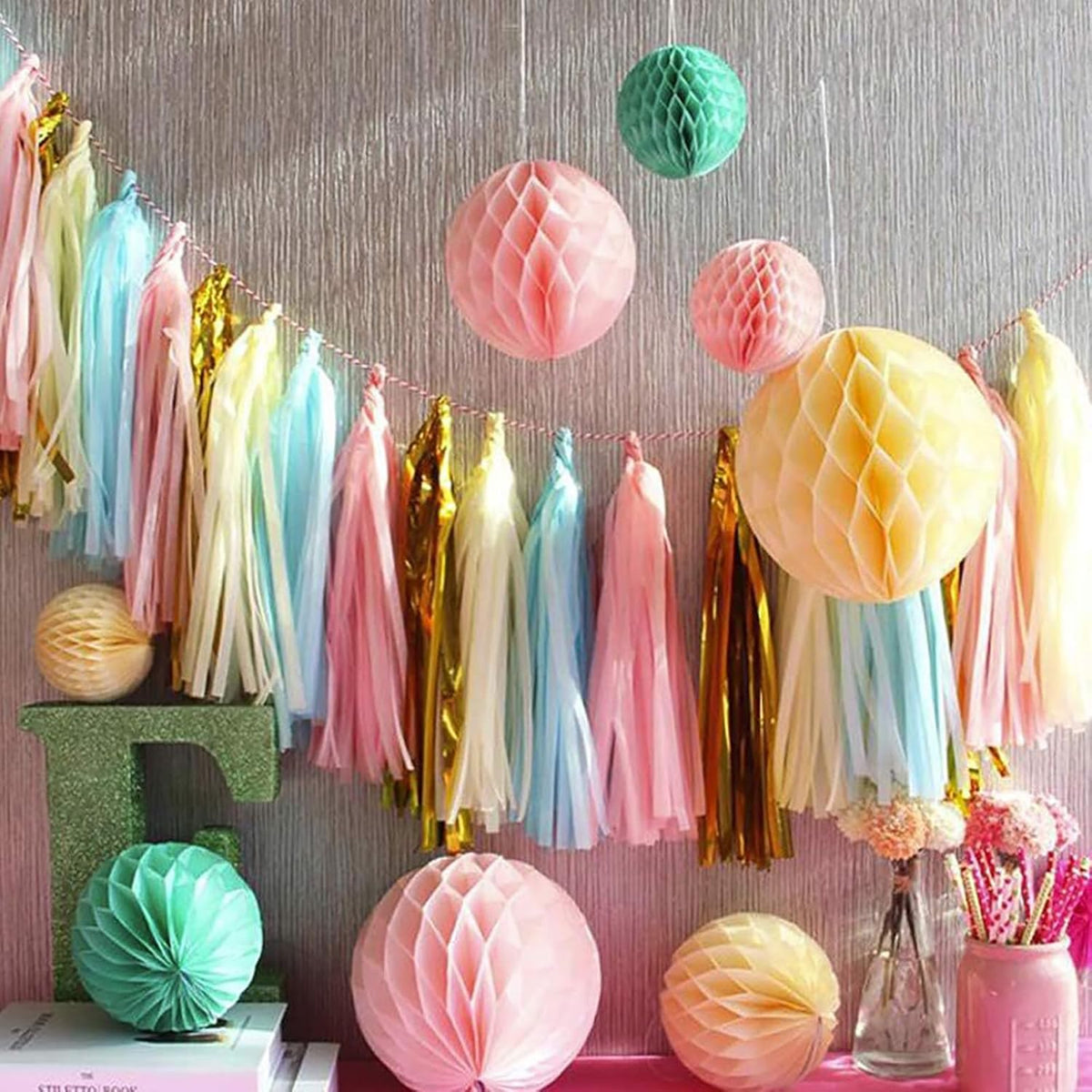 ZOOYOO Shiny Tassel Garland Tissue Paper Tassel Banner,Table Decor,DIY Kits for Party, Tassels