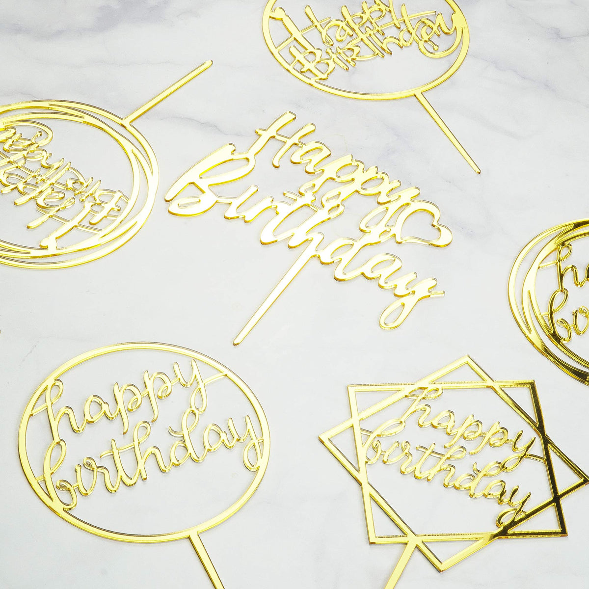 6-Pack Gold Cake Topper Set, Double-Sided Glitter, Acrylic Happy Birthday Cupcake Toppers, Birthday