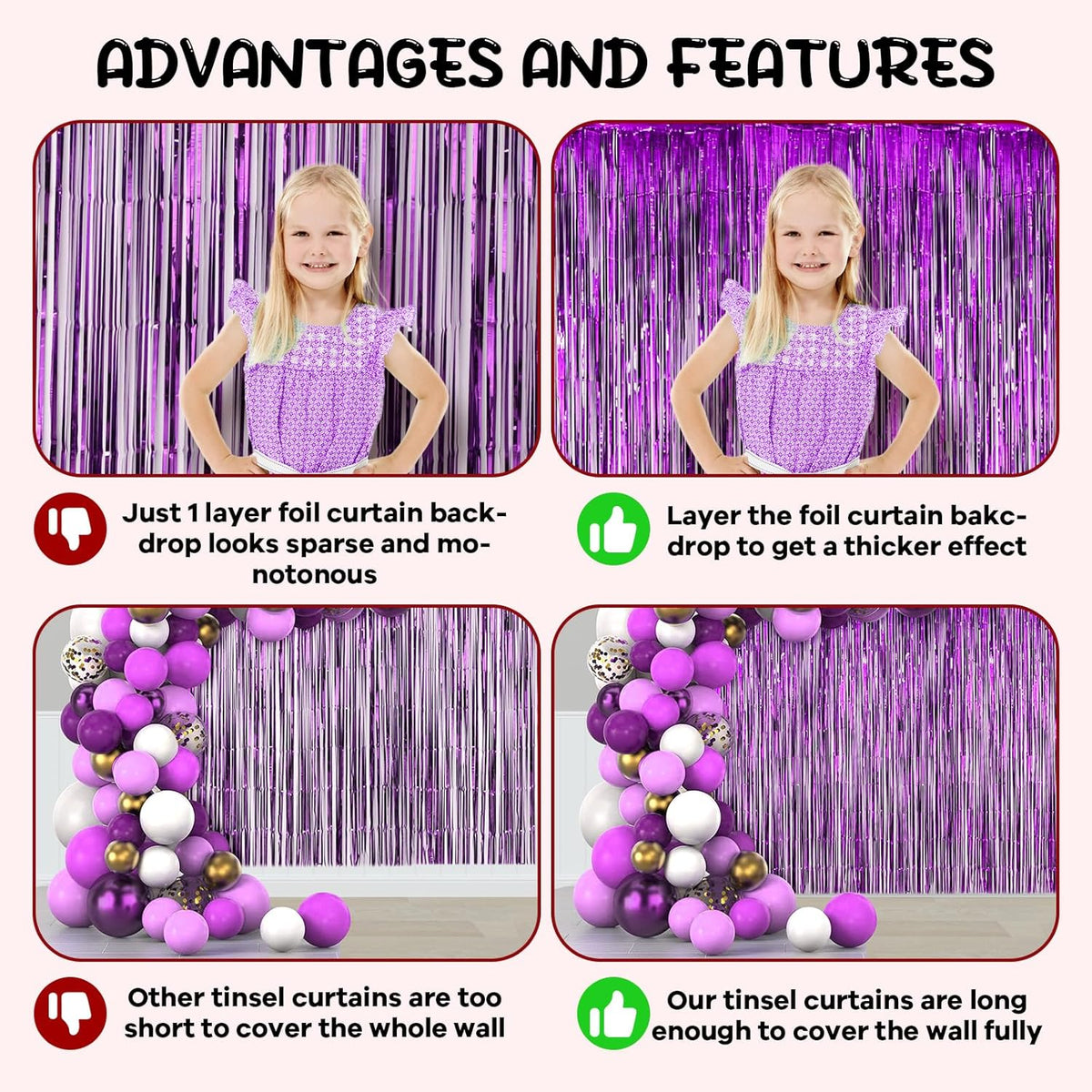 2 Pack Purple Foil Fringe Backdrop Curtains, Tinsel Streamers Birthday Party Decorations, Fringe