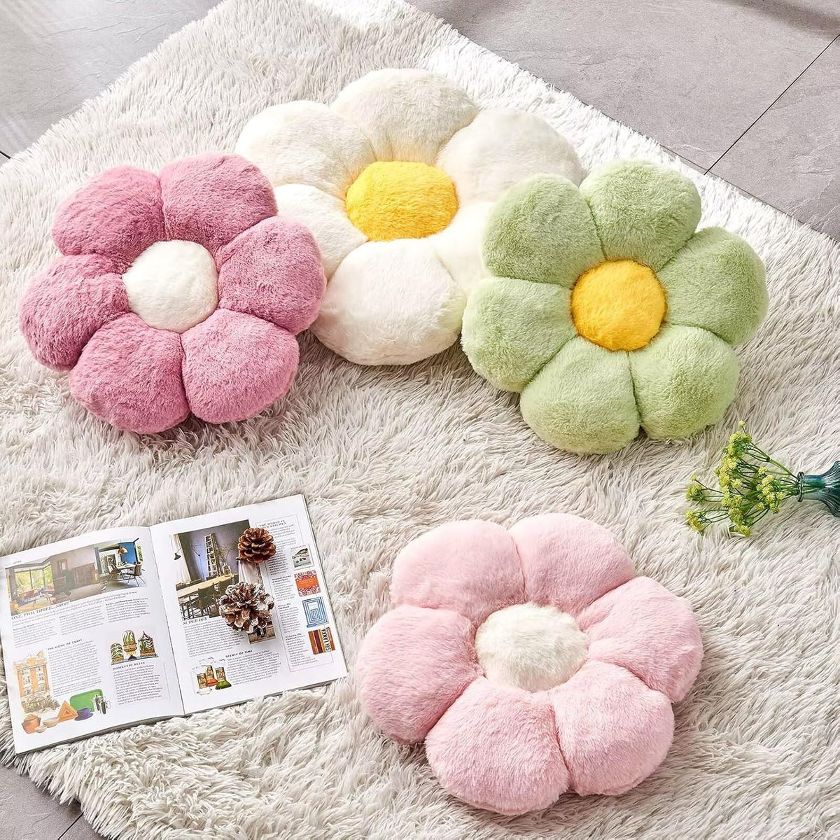Pink Flower Pillow, Cute Decorative Flower Shaped Throw Pillow with Faux Rabbit Fur, 19.6" Soft