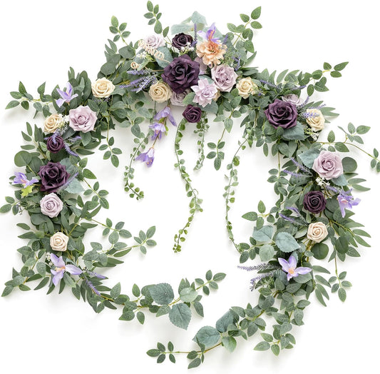 Ling's Moment 9FT Eucalyptus and Willow Leaf Garland with White Flower, Handcrafted Wedding