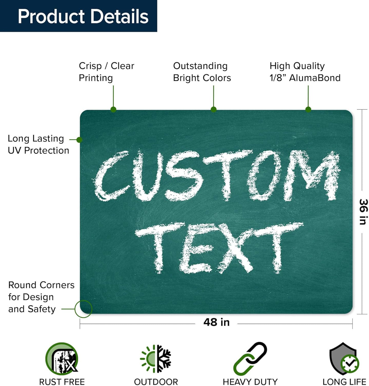 Custom Sign, Custom Street Sign, 11 Font Colors, 13 Font Styles, 4 Hole Options, 22 Sizes, 36x48