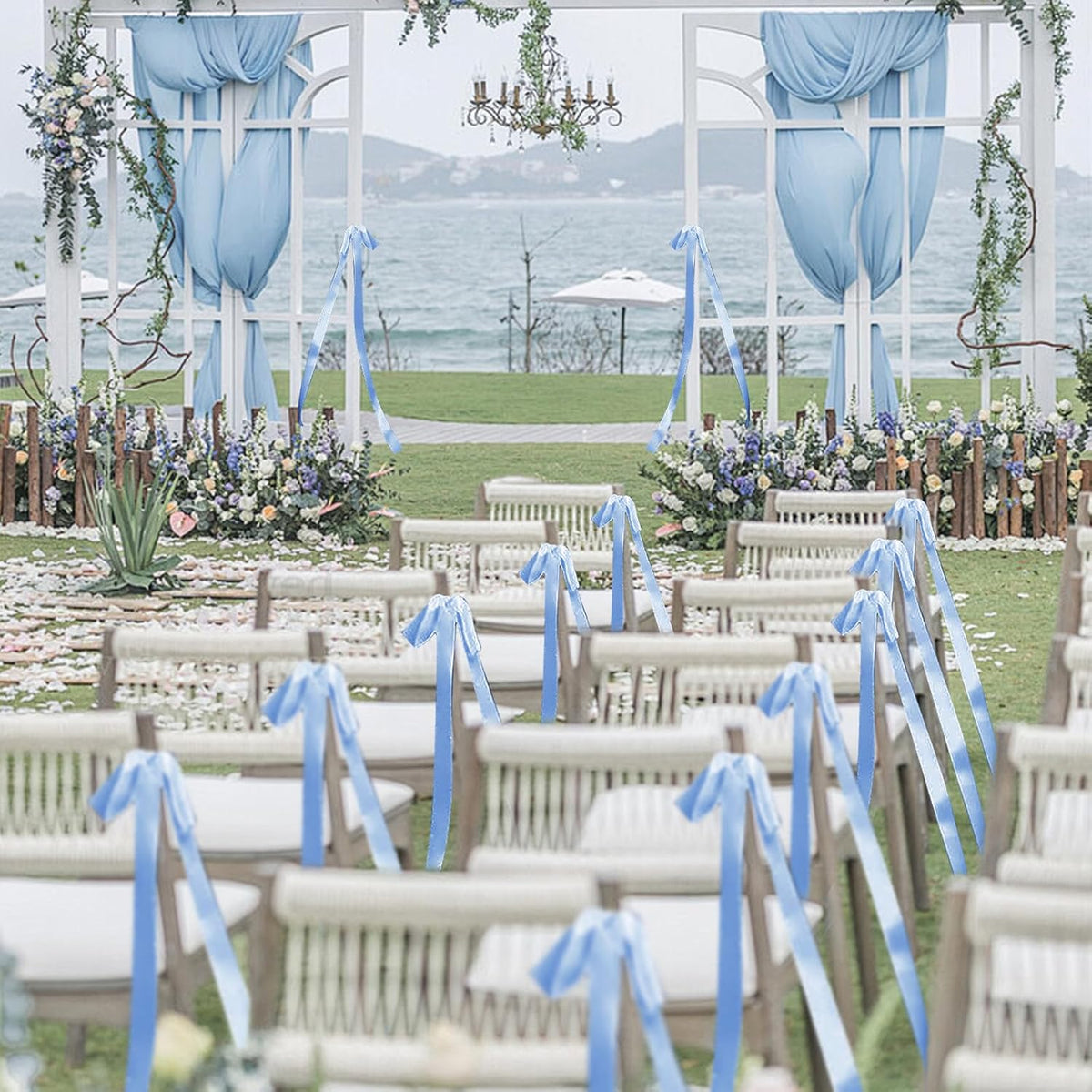 24 Pcs Large Wedding Blue Ribbon Bows for Wedding Chairs Decorative Ribbon Sashes for Pew Back