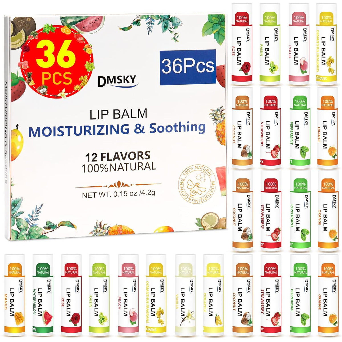 DMSKY Natural Lip Balm Bulk 36 Pack, Moisturizing Lip Balm with Vitamin E and Coconut Oil, Lip Care