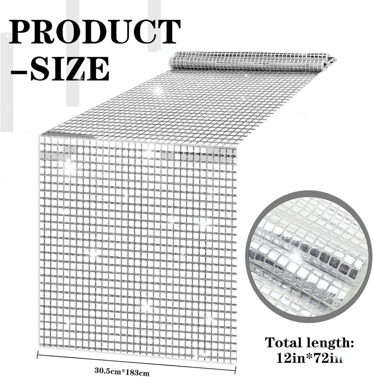 12 x 72 Inches Glitter Disco Table Runner - Retro 70s 80s Theme Decor - Silver Sequin
