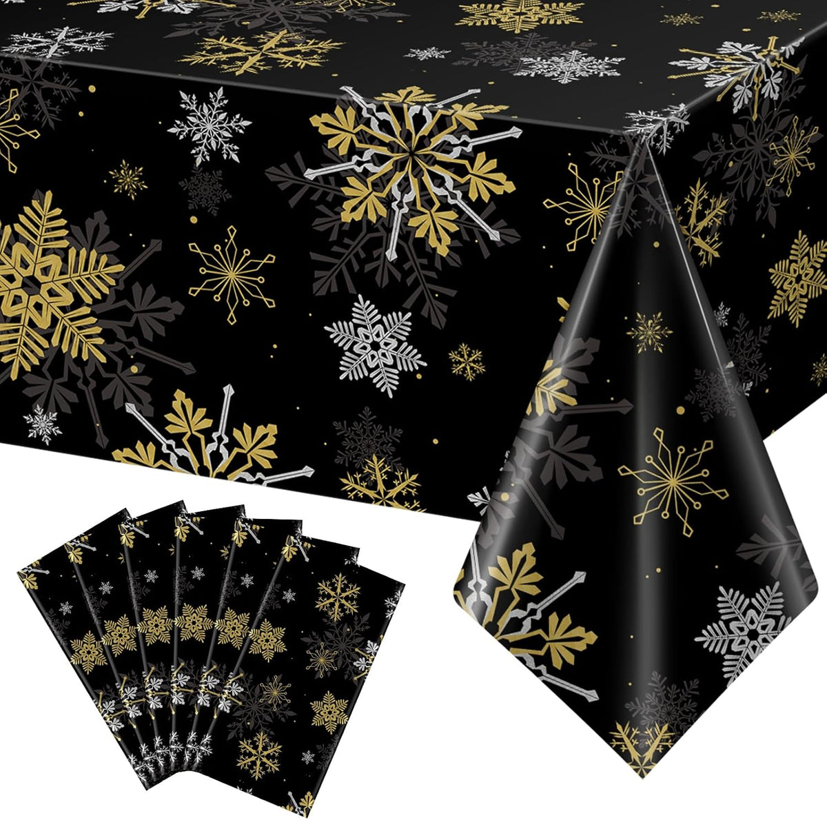 6Pcs Christmas Snowflake Party Tablecloths Decorations,Plastic Black and Gold Table Cloth,Winter