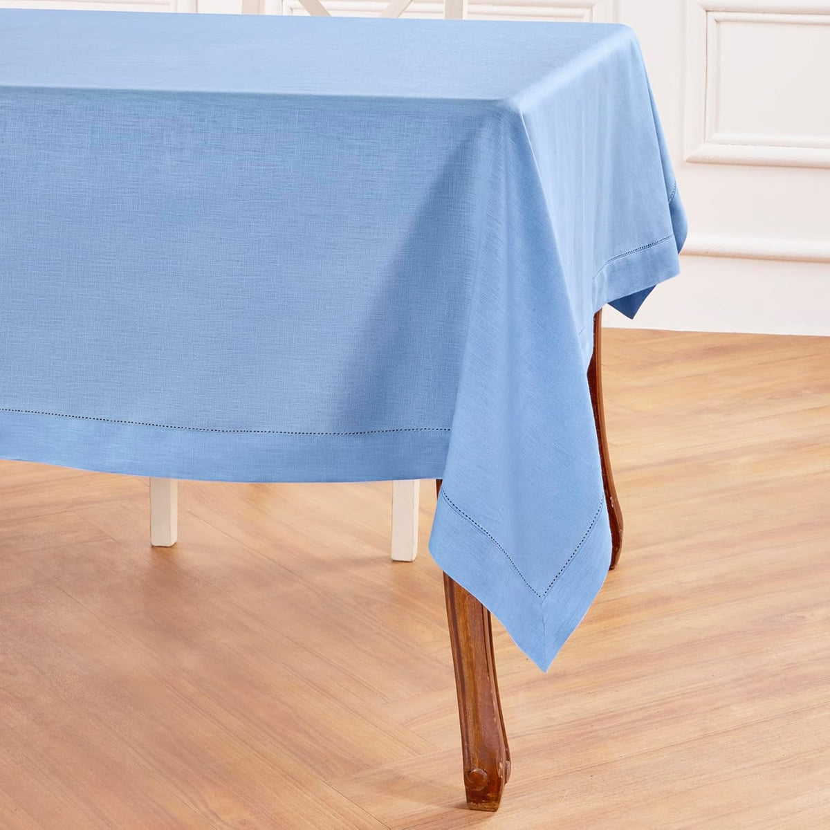 Solino Home Cornflower Blue Linen Tablecloth 60 x 132 Inch - 100% Pure Linen Hemstitch Table Cloth