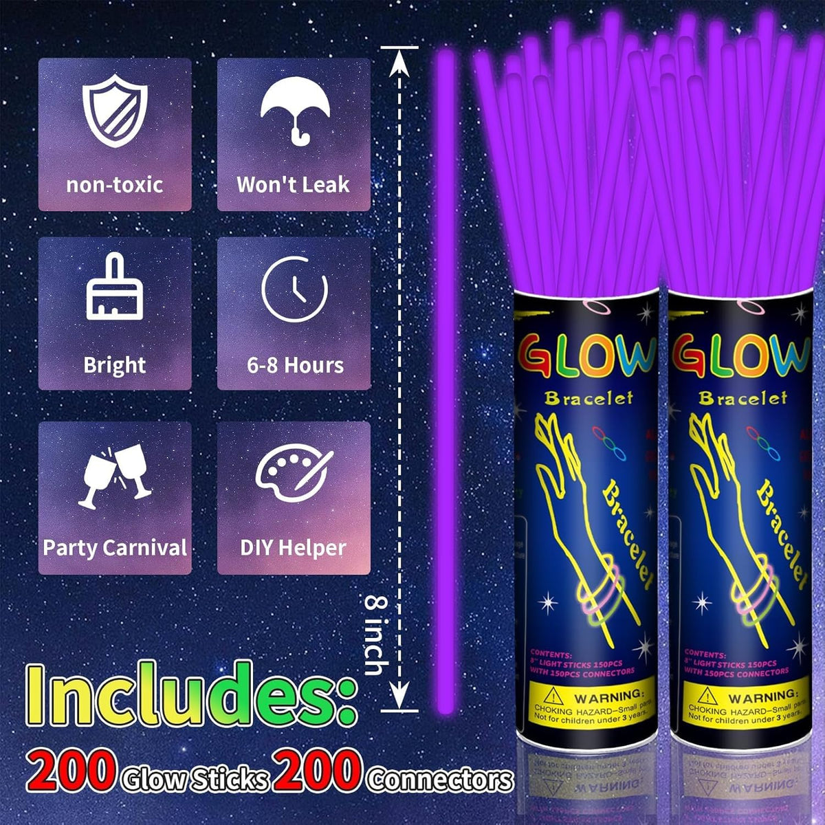 200 Pack 8'' Glow Sticks Bulk Party Favors Purple Light Up Sticks with Connectors Neon Glow in the