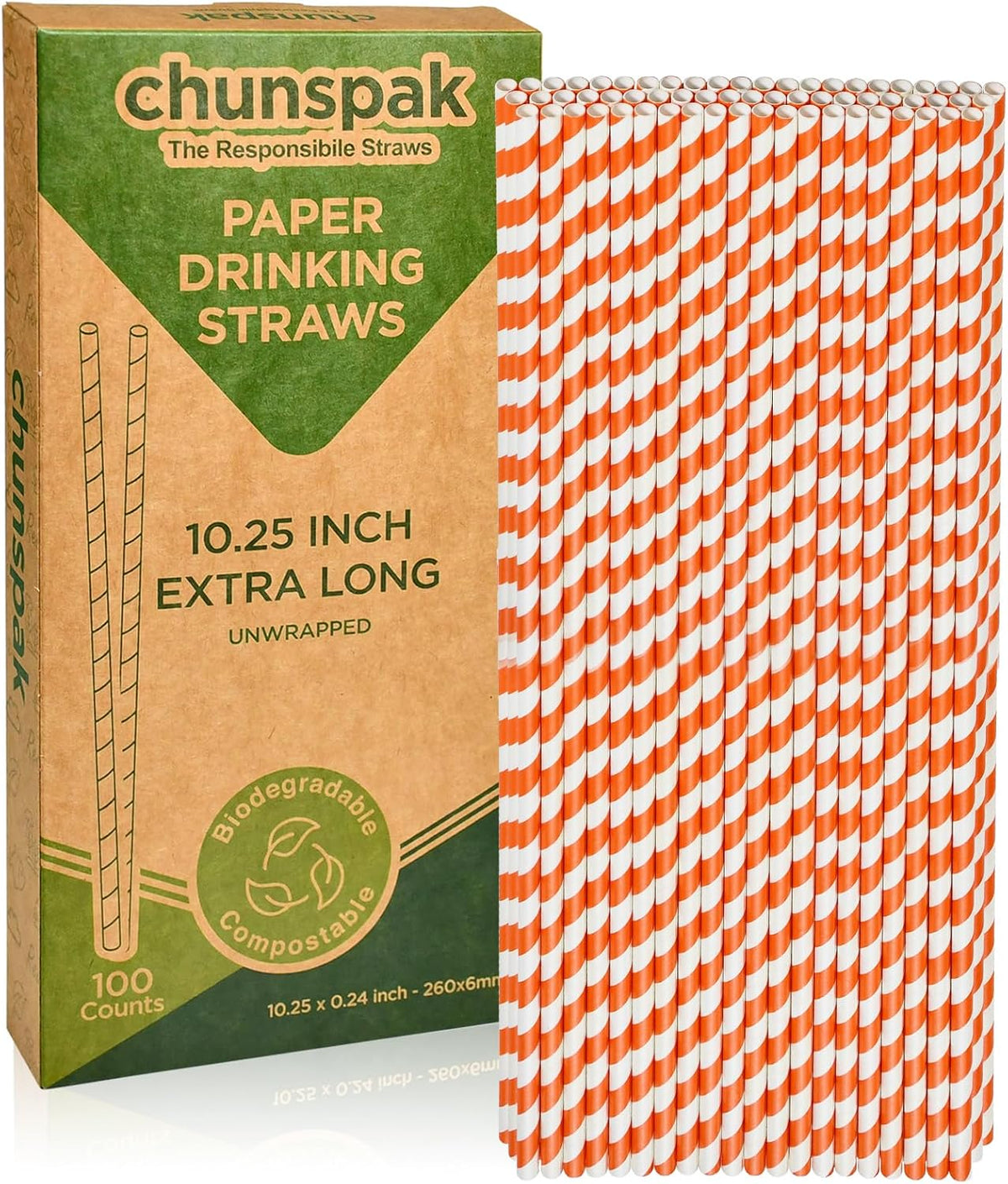 Orange Striped Paper Drinking Straws, 10.25 Inch Long, 100 Counts - for Tall Drinks, Halloween