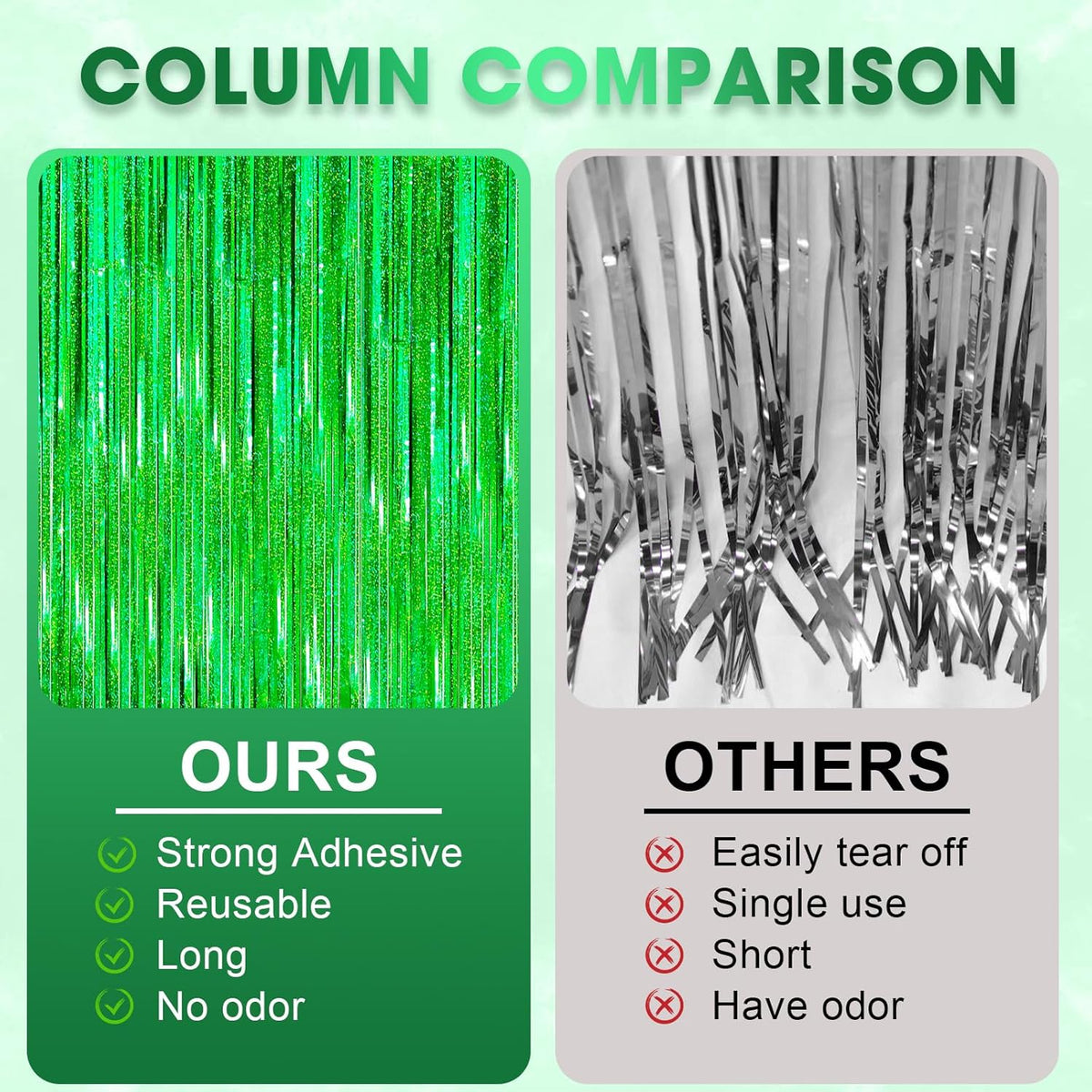 2 Pack Laser Green Tinsel Foil Fringe Curtains, Green Party Decorations, Metallic Tinsel Party