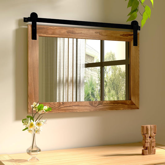 COGOOD Farmhouse Barn Door Mirror - 25 X 18 Rustic Wood Framed Decrative Mirror for Bathroom