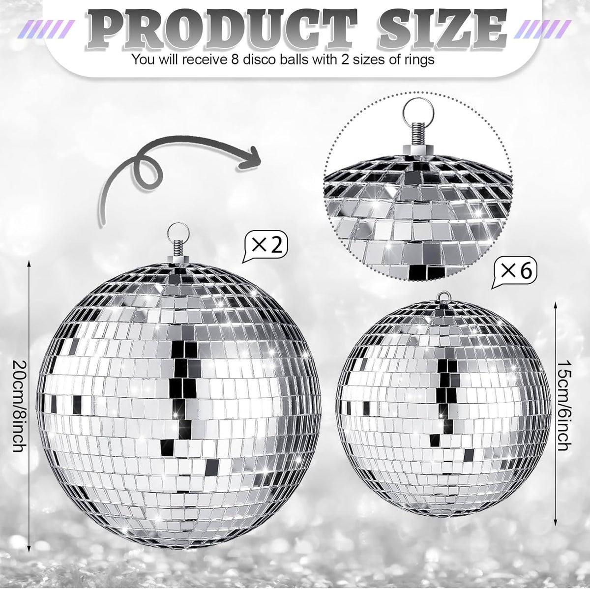 Haull 8 Pcs Large Disco Ball Set Silver Mirror Disco Reflective Ball with Hanging Ring Party