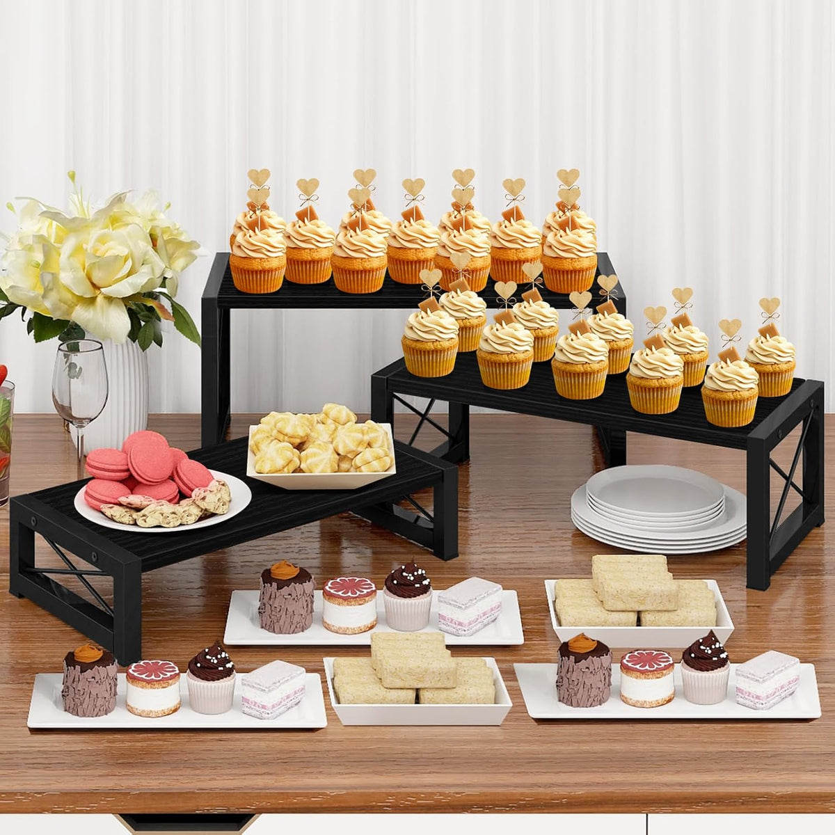 ELITEROO Black 3-Tier Wooden Cupcake and Dessert Display Stand, Multi-Tier Riser for Cupcakes