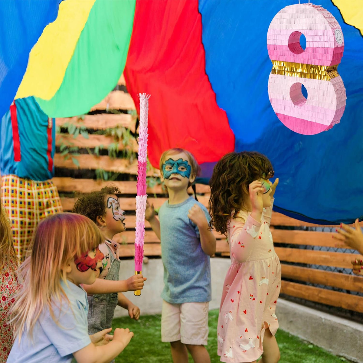 PCFING 20 Inch Number 8 Piñata Pink Gold with 30 Inch Piñata Stick Blindfold Confetti for Boys