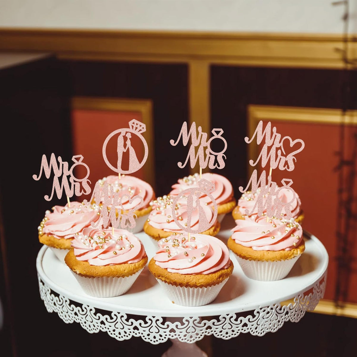 Sotpot 24PCS Miss to Mrs Cupcake Toppers with Ring Rose Gold Glitter for Wedding Bridal Shower
