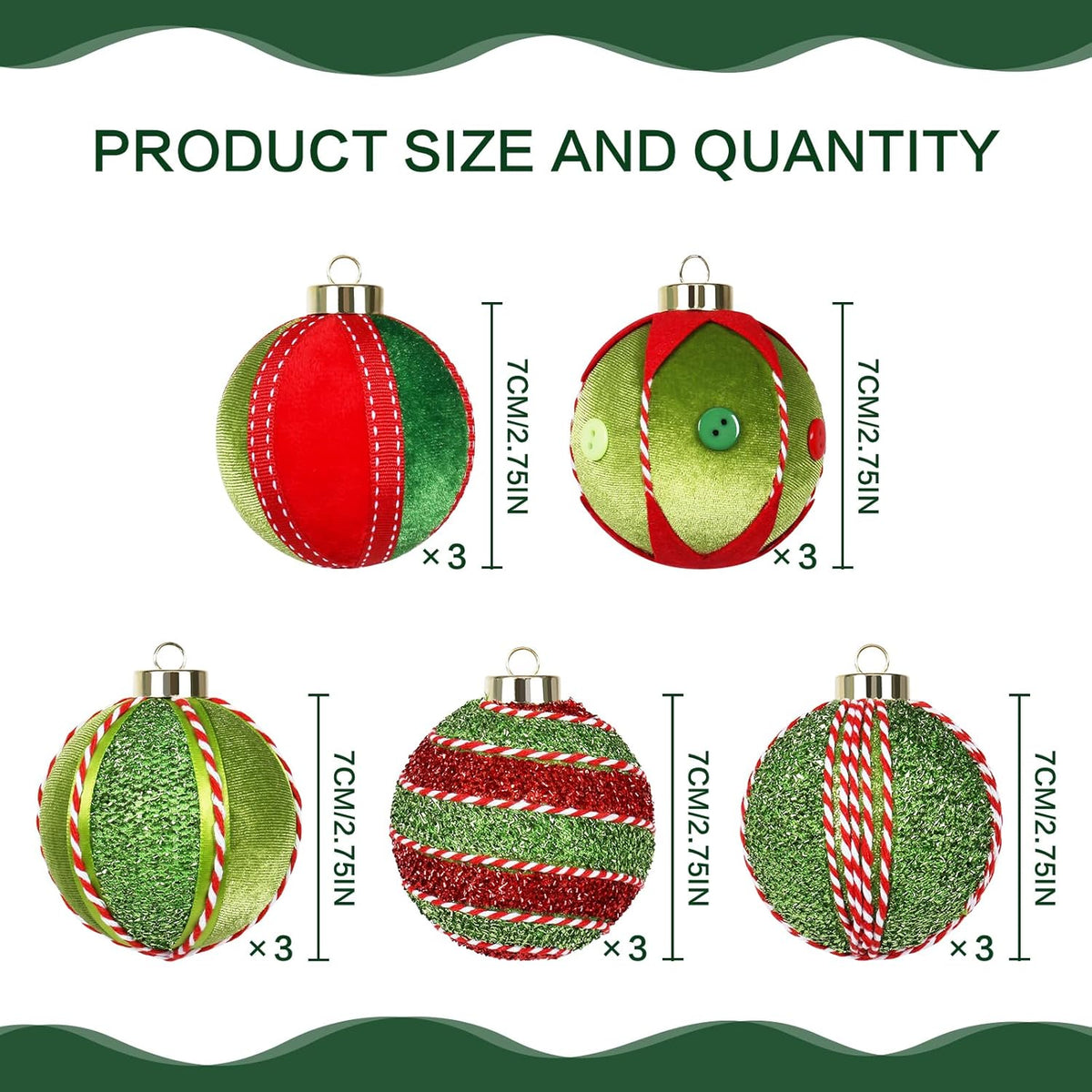 SY Super Bang Red Green Christmas Ball Ornaments, 15PCS Shatterproof Velvet Ornaments Set for