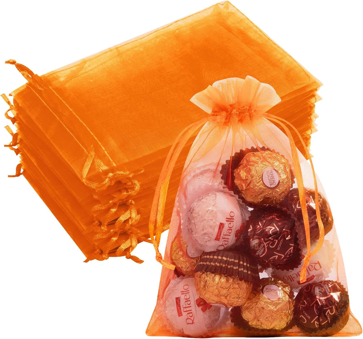 50 Pcs Orange Organza Bags 5x7 Inch, Small Mesh Drawstring Bags Organza Gift Bags Candy Bags Favor