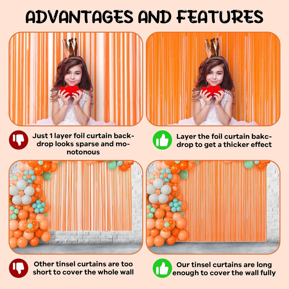 2 Pack Orange Foil Fringe Backdrop Curtains, Tinsel Streamers Birthday Party Decorations, Fringe
