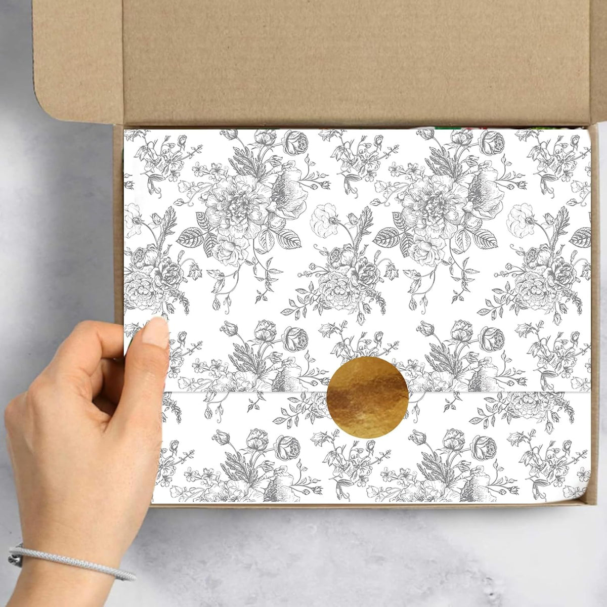 JarThenaAMCS 100 Sheets Floral Tissue Paper Silver Flower Gift Wrapping Paper Vintage Decorative