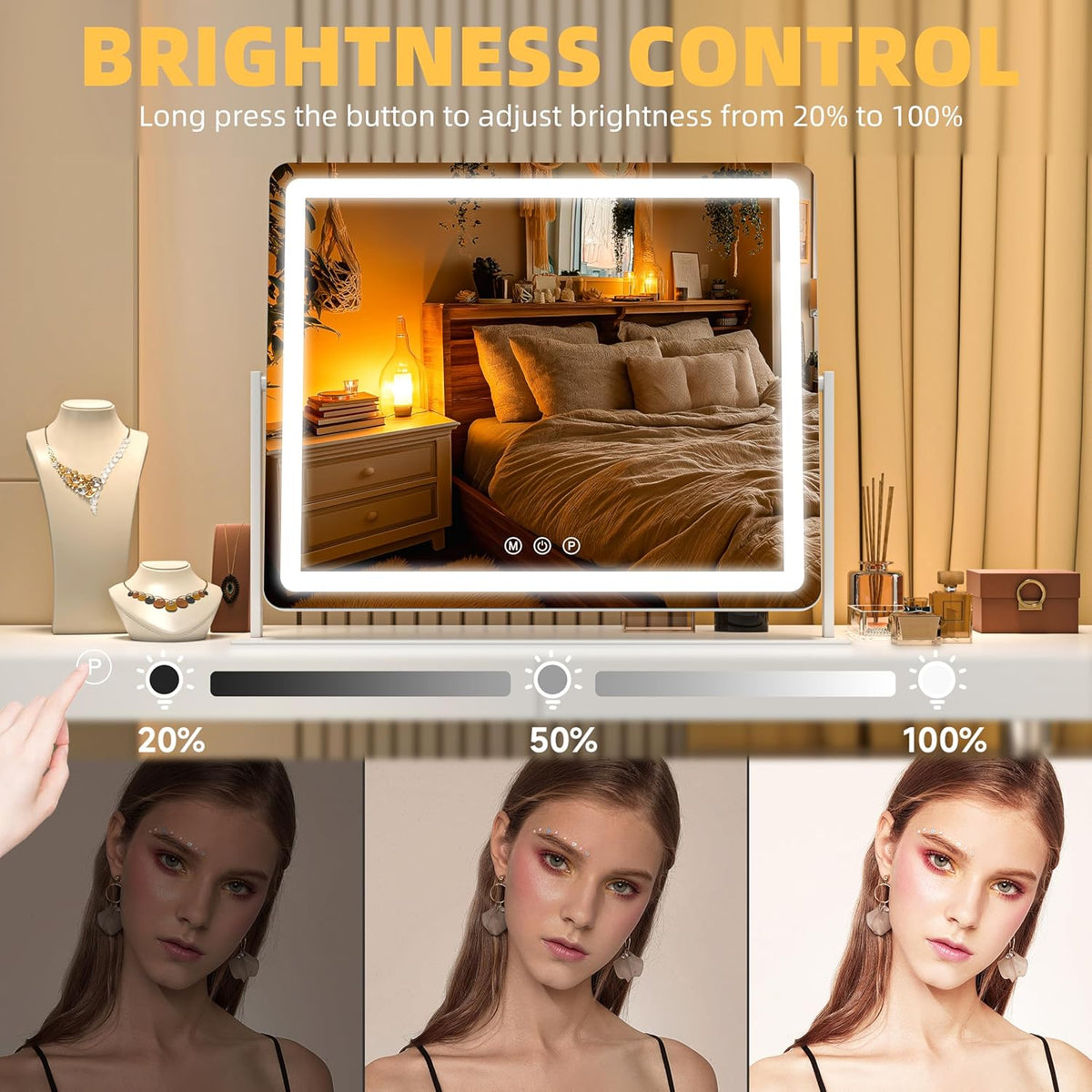 Vanity Mirror with Lights, 25.6'' x 22'' Lighted Makeup Mirror, Touch Screen with 3-Color Lighting