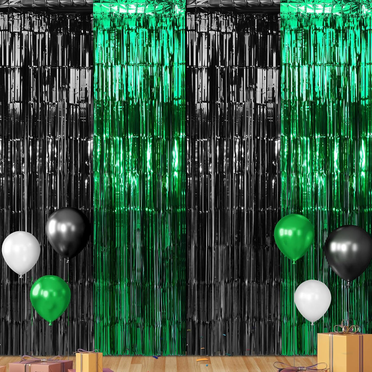 3Pack 3.3Ft x 6.6Ft Graduation Foil Fringe Curtain Backdrop Decorations, Green Black Metallic