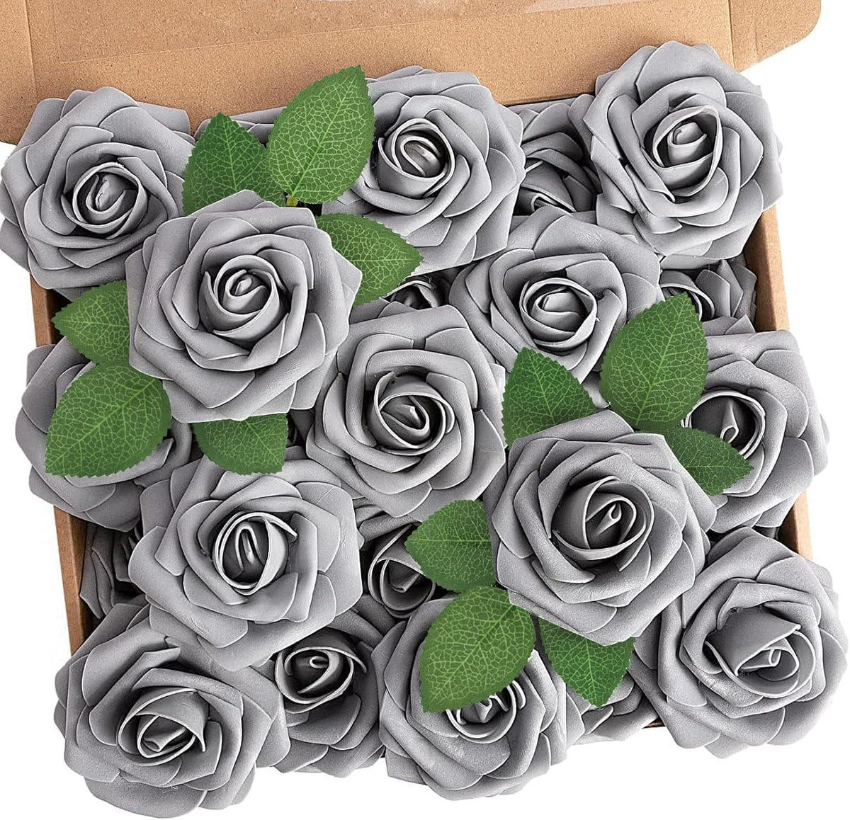 N&T NIETING Artificial Rose, 25pcs Gray Fake Foam Flowers with Stems for Wedding Party Baby Shower