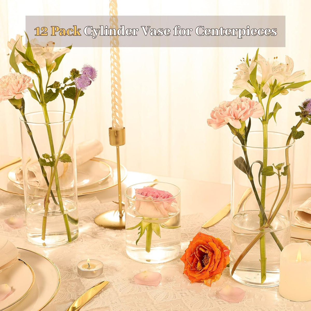12Pcs Glass Cylinder Vases 8 Inch Tall Clear Flower Vases for Centerpieces Wedding Decoration