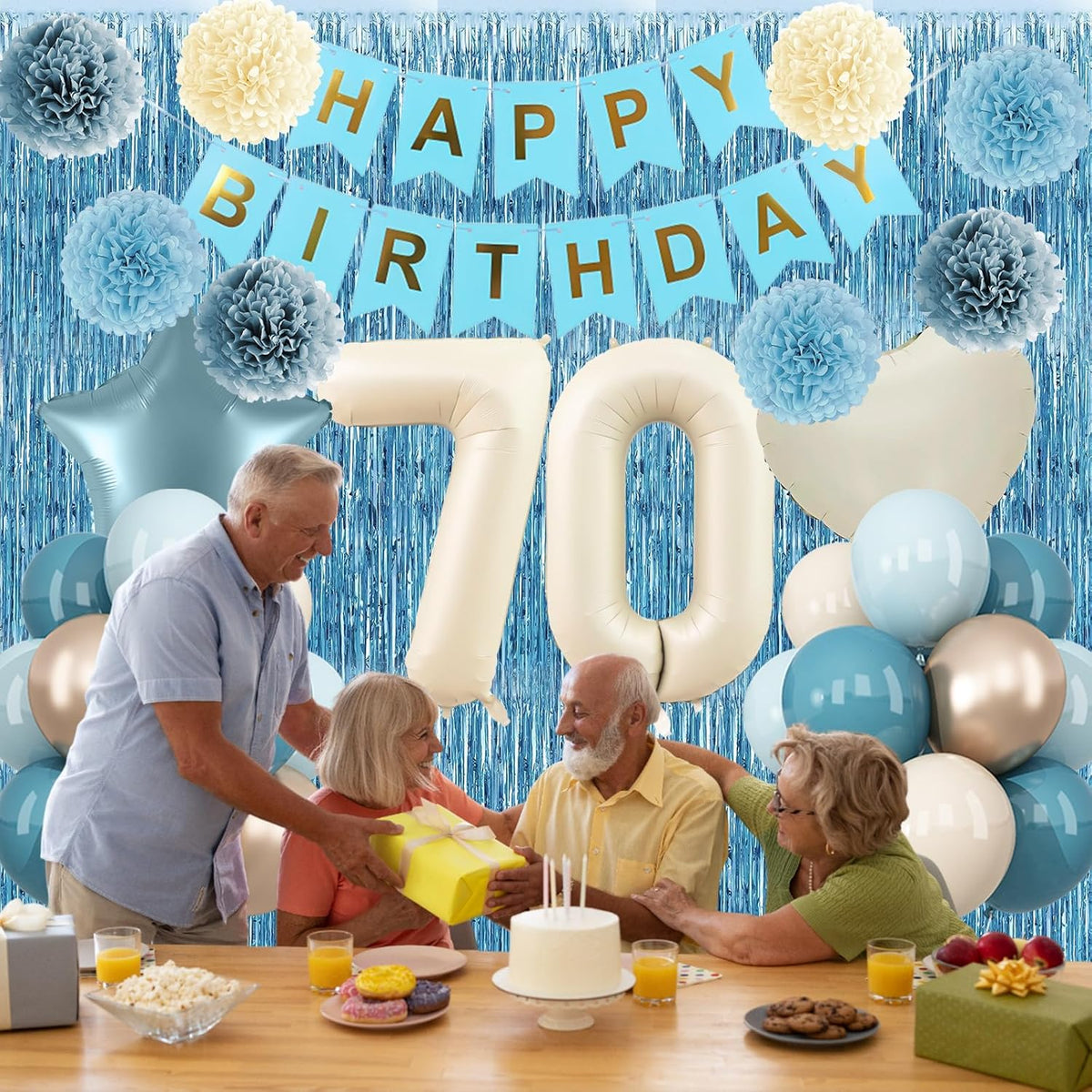 Dusty Blue 70th Birthday Party Decorations for Women Men Beige Cream Number 70 Balloon with Blue