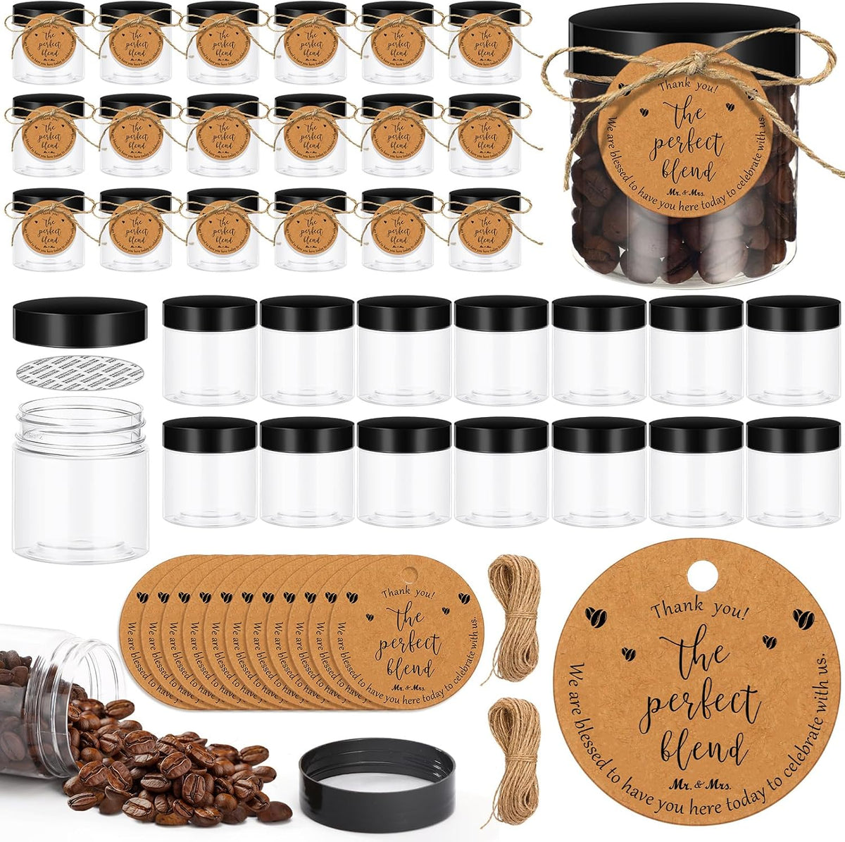 102 Pcs Coffee Bean Wedding Favors for Guests 50 Coffee Bean Jars with Lids 50 Thank You Tags