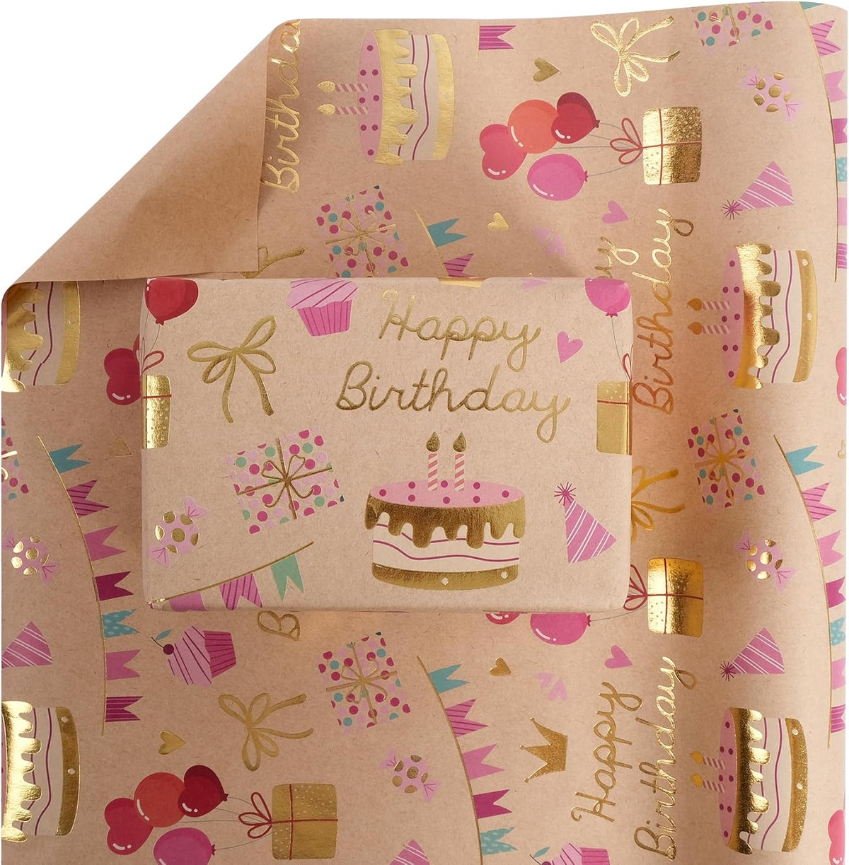 Aimyoo Birthday Wrapping Paper Roll - 17 Inch X 16.4 Feet - Gold Foil Celebration Cake, Gift