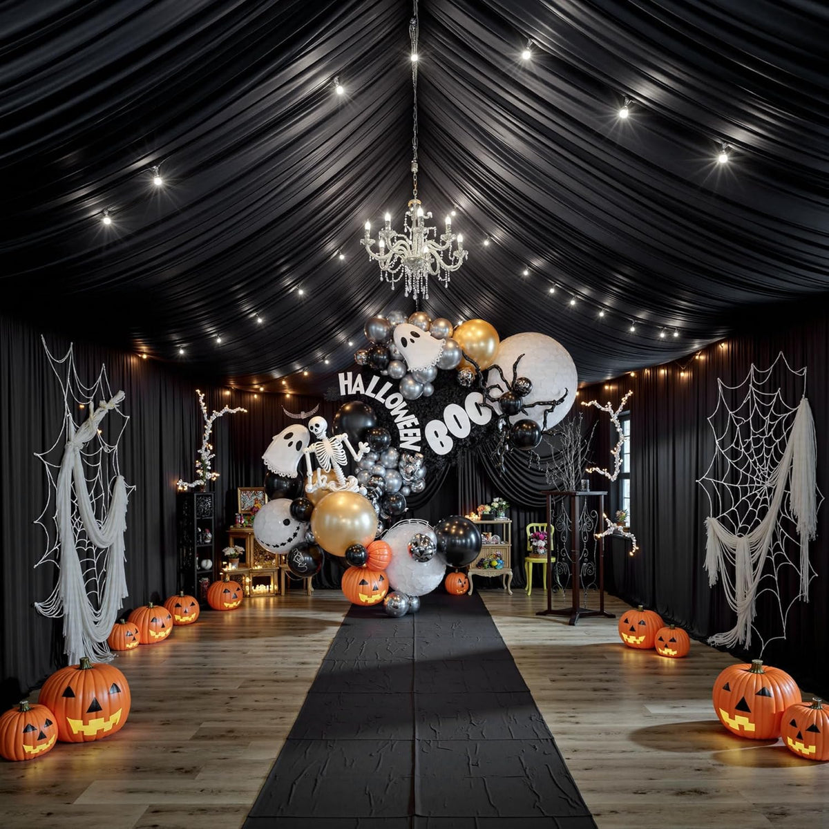 PartyVillage 20ftx40ft Black Ceiling Curtain for Halloween Parties – 4 Panels Wrinkle-Free 40 FT